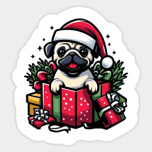 Pug In Present Dog Christmas Festive Santa Hat Sticker